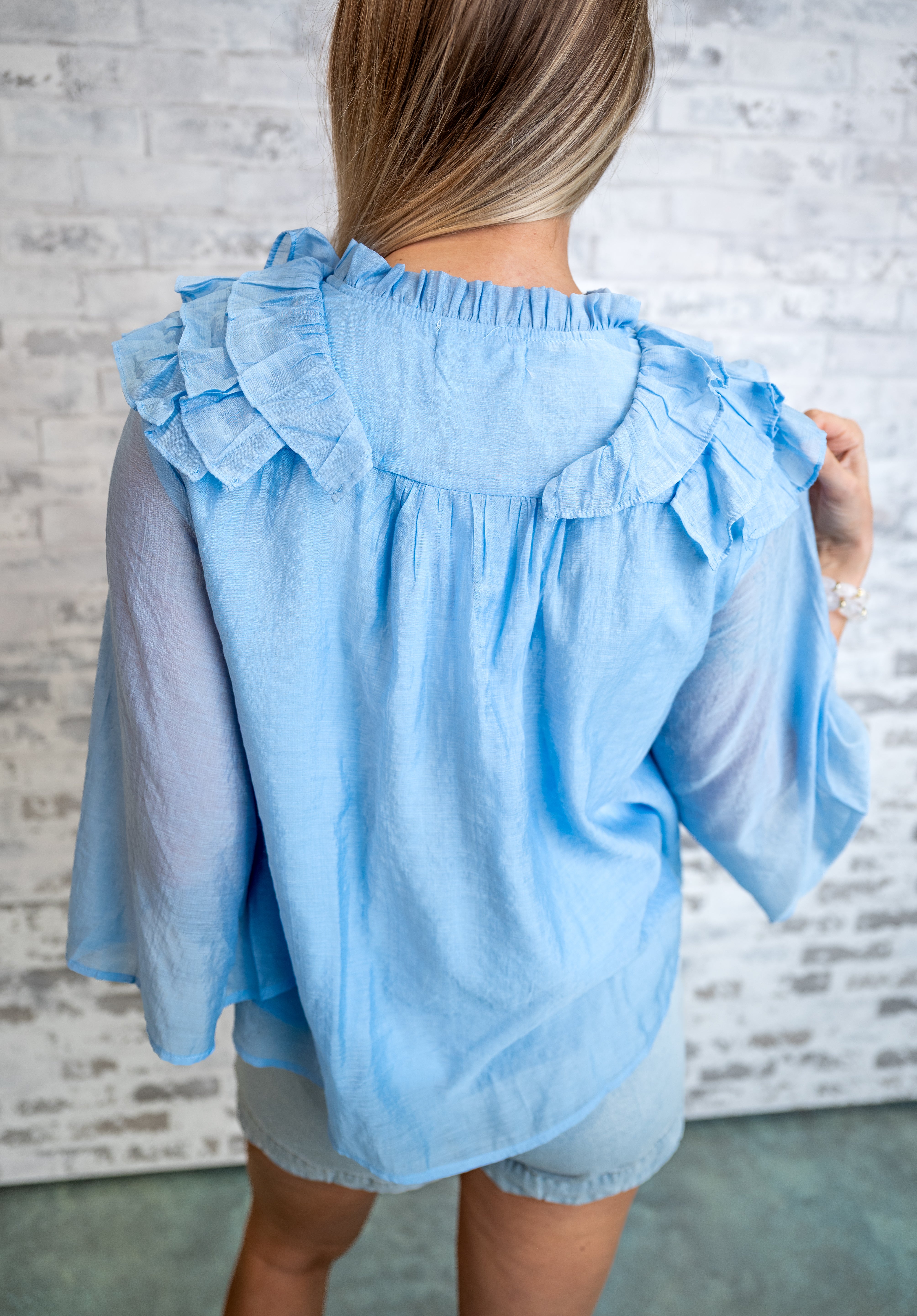 Ruffled Yoke Tie-Front Blouse