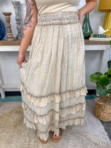 Rustic Textured Smocked Waist Ruffled Tiered Maxi Skirt