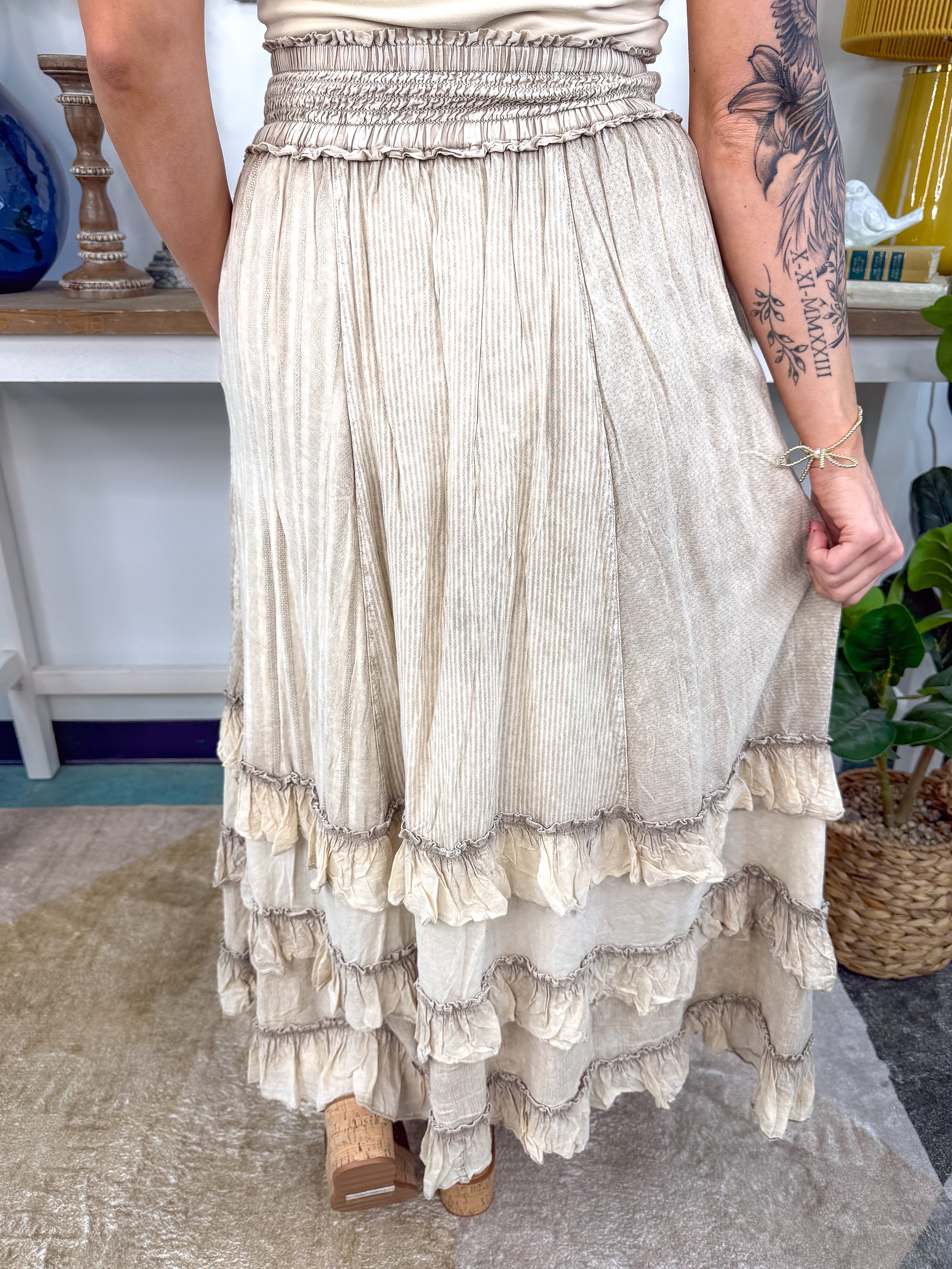 Rustic Textured Smocked Waist Ruffled Tiered Maxi Skirt