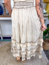 Rustic Textured Smocked Waist Ruffled Tiered Maxi Skirt
