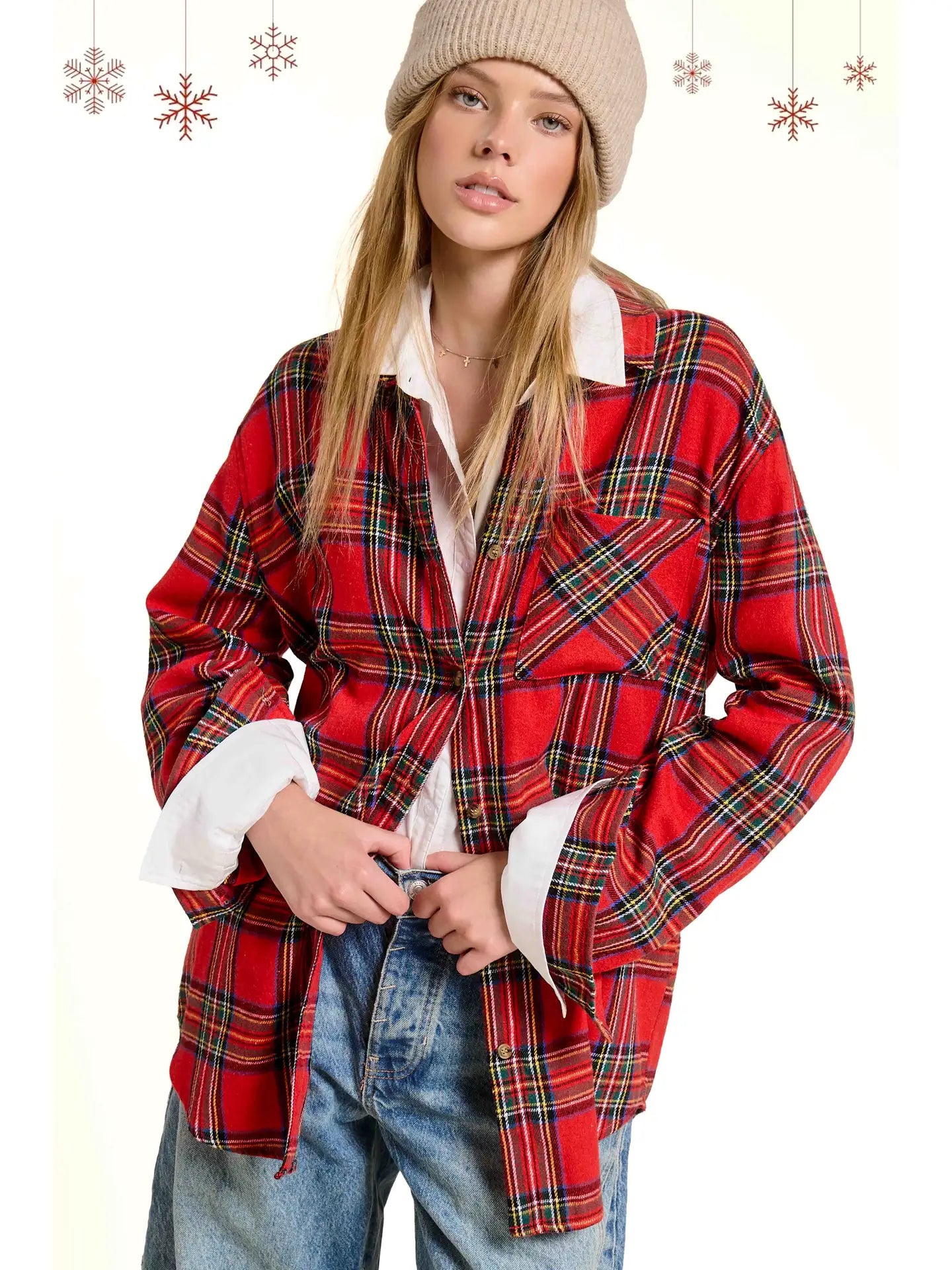Soft Fabric Plaid Loose Fit Button Down Shirt