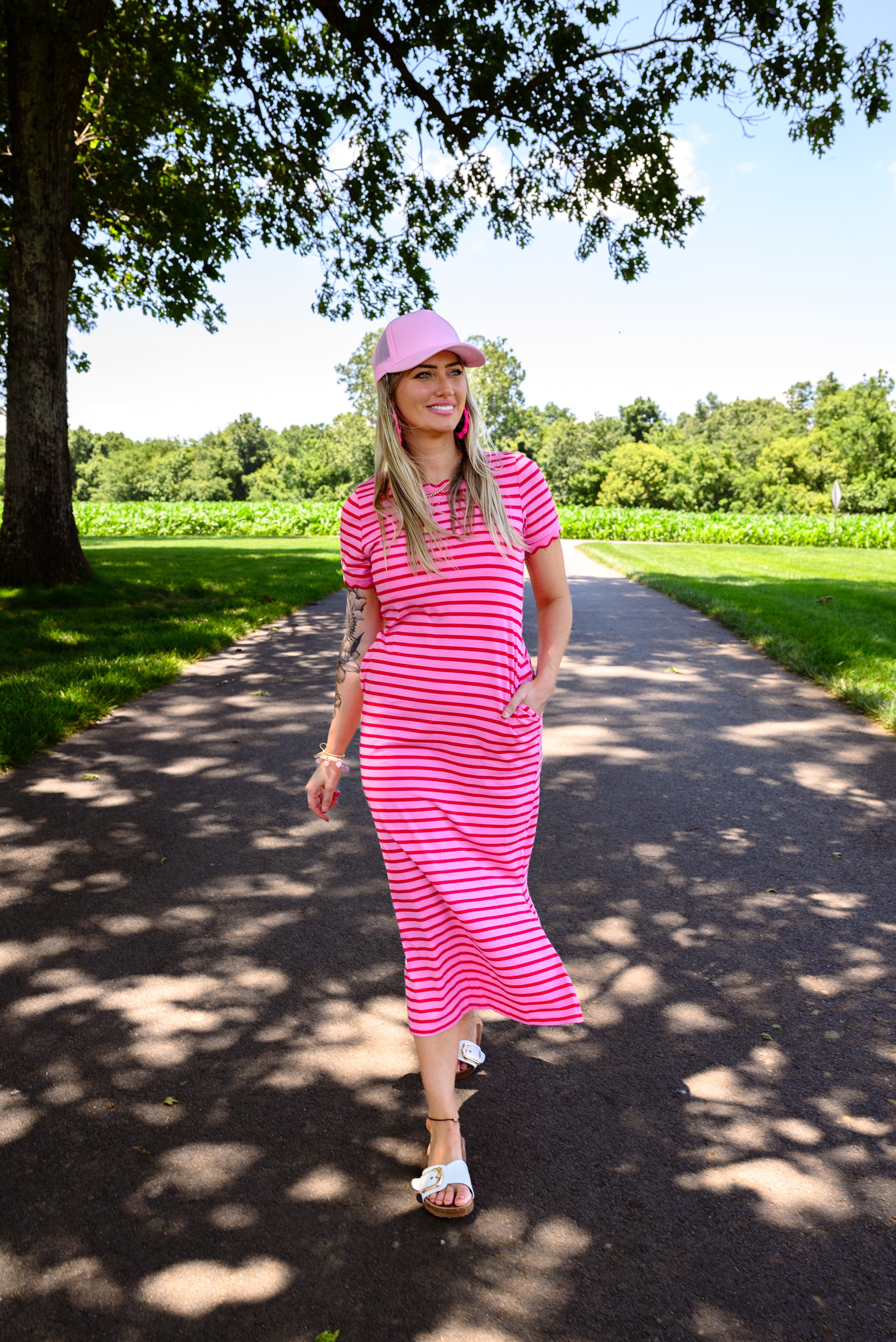 Scalloped-Trim Striped Side-Slit Dress