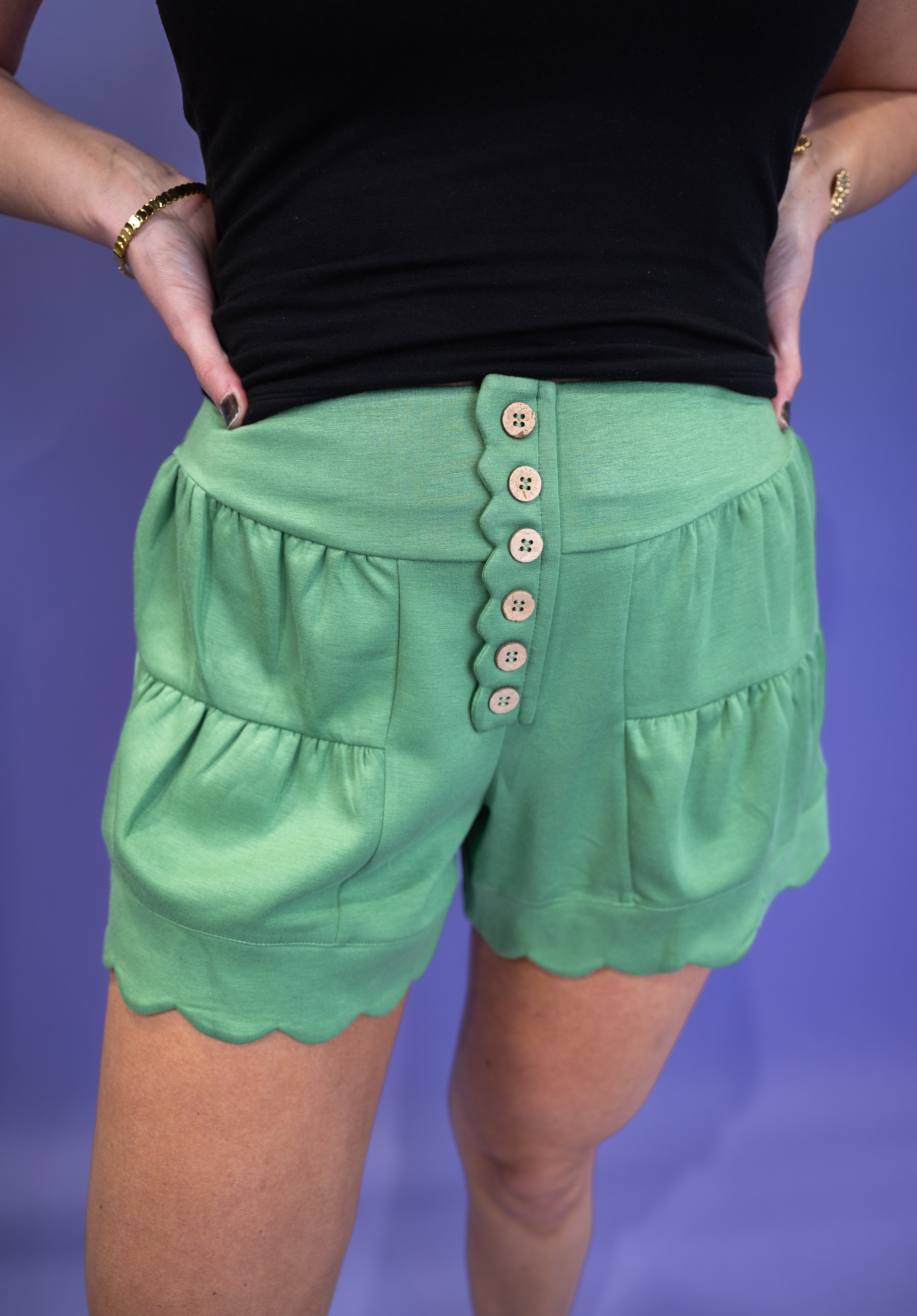 Scalloped High-Waisted Button Shorts
