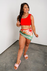 Scalloped Trim Convertible Bikini Set - Red