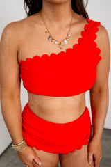 Scalloped Trim Convertible Bikini Set - Red