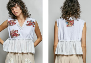 Embroidered Peplum V-Neck Top - Off White - EOS Final Sale