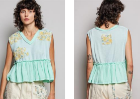 Embroidered Peplum V-Neck Top - Pale Mint