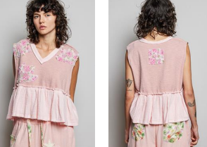 Embroidered Peplum V-Neck Top - Pink - EOS Final Sale