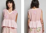 Embroidered Peplum V-Neck Top - Pink