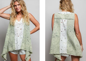 Mixed Fabric Raw Edge Sleeveless Tunic