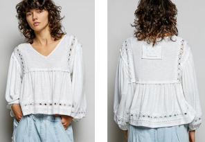 Boho Embroidered Gathered Blouse - White FLASH SALE FINAL SALE