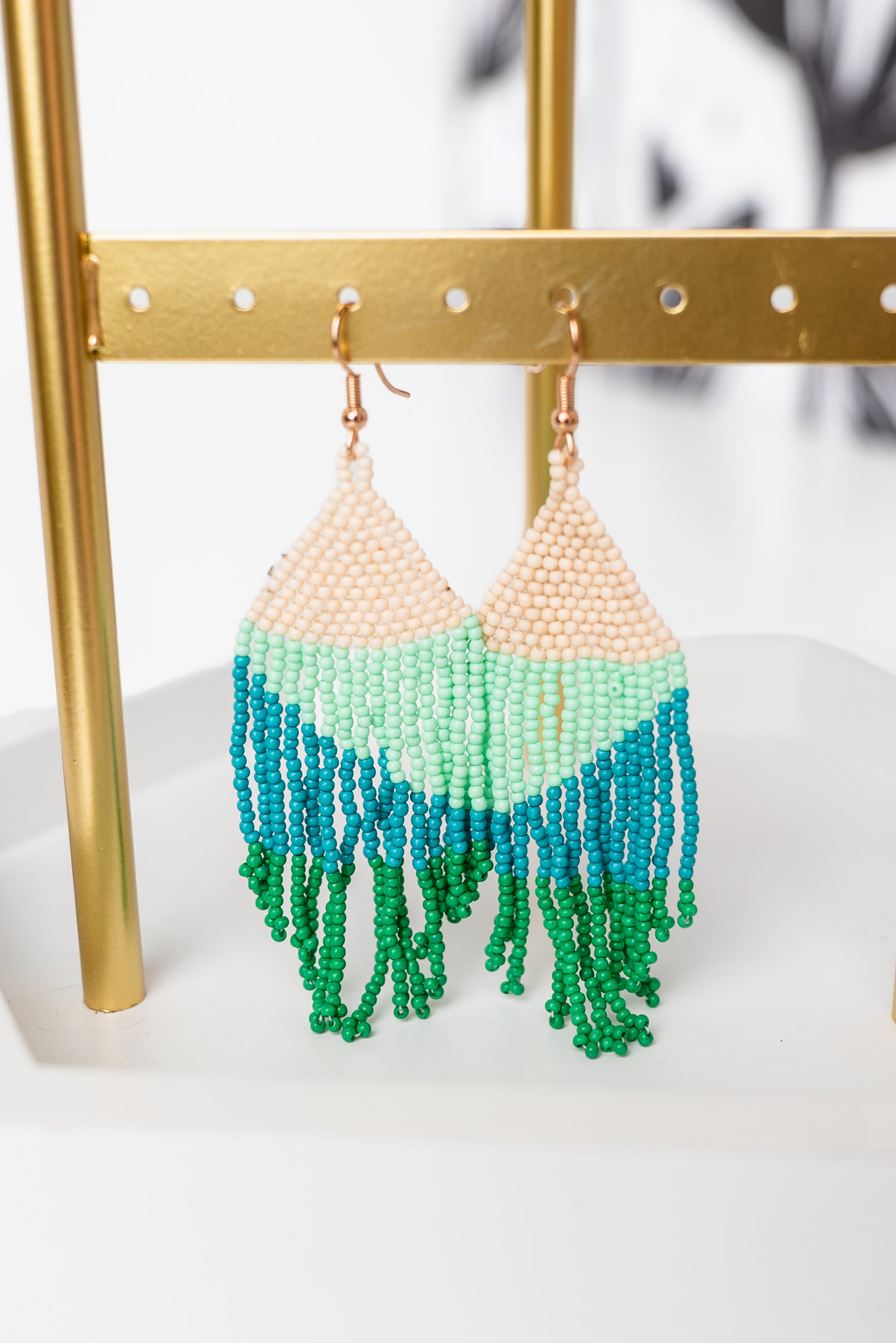 Seed Bead Color Block Fringe Earrings