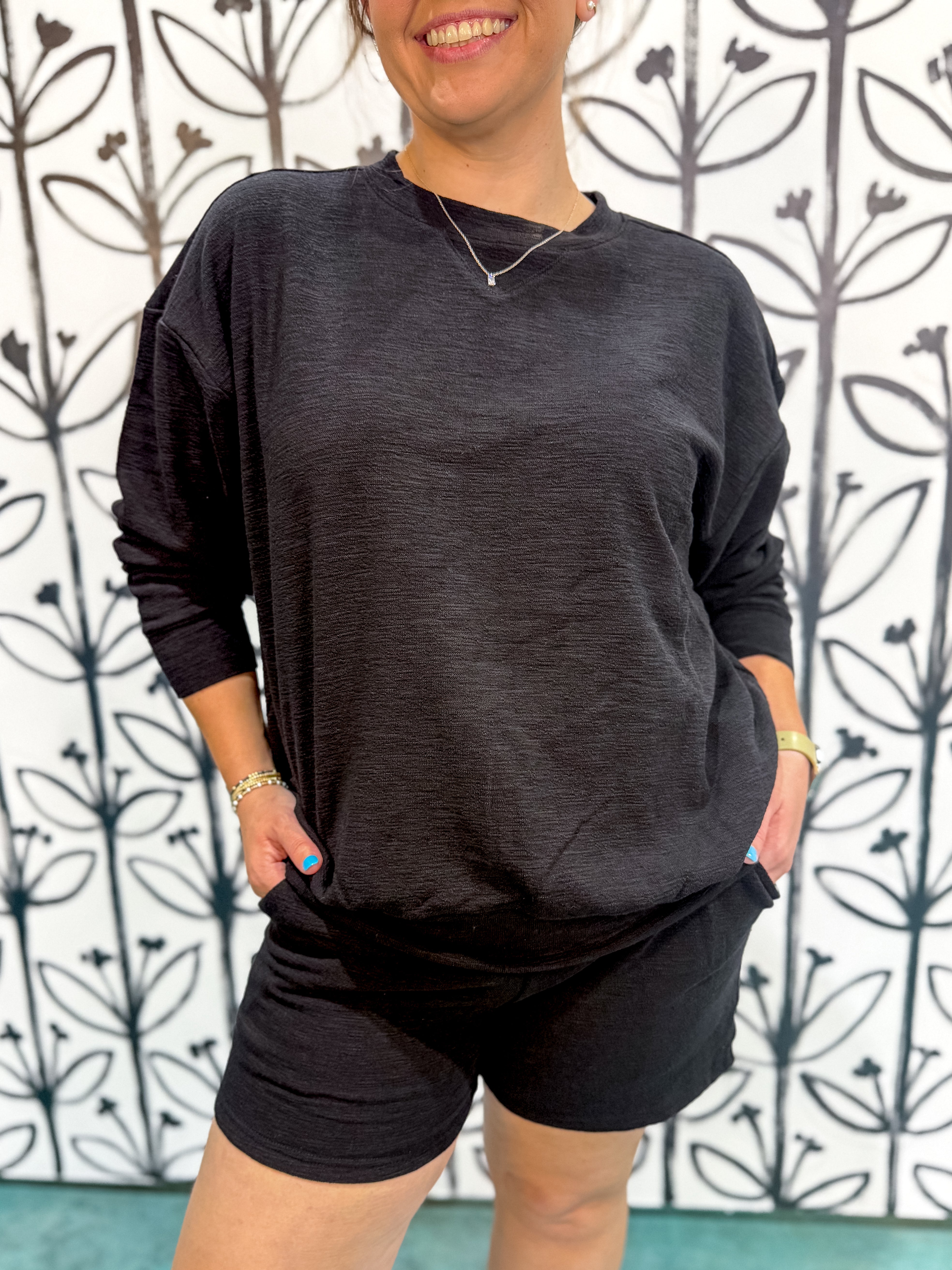 Slub Pullover & Shorts Set - Black