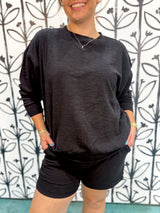 Slub Pullover & Shorts Set - Black