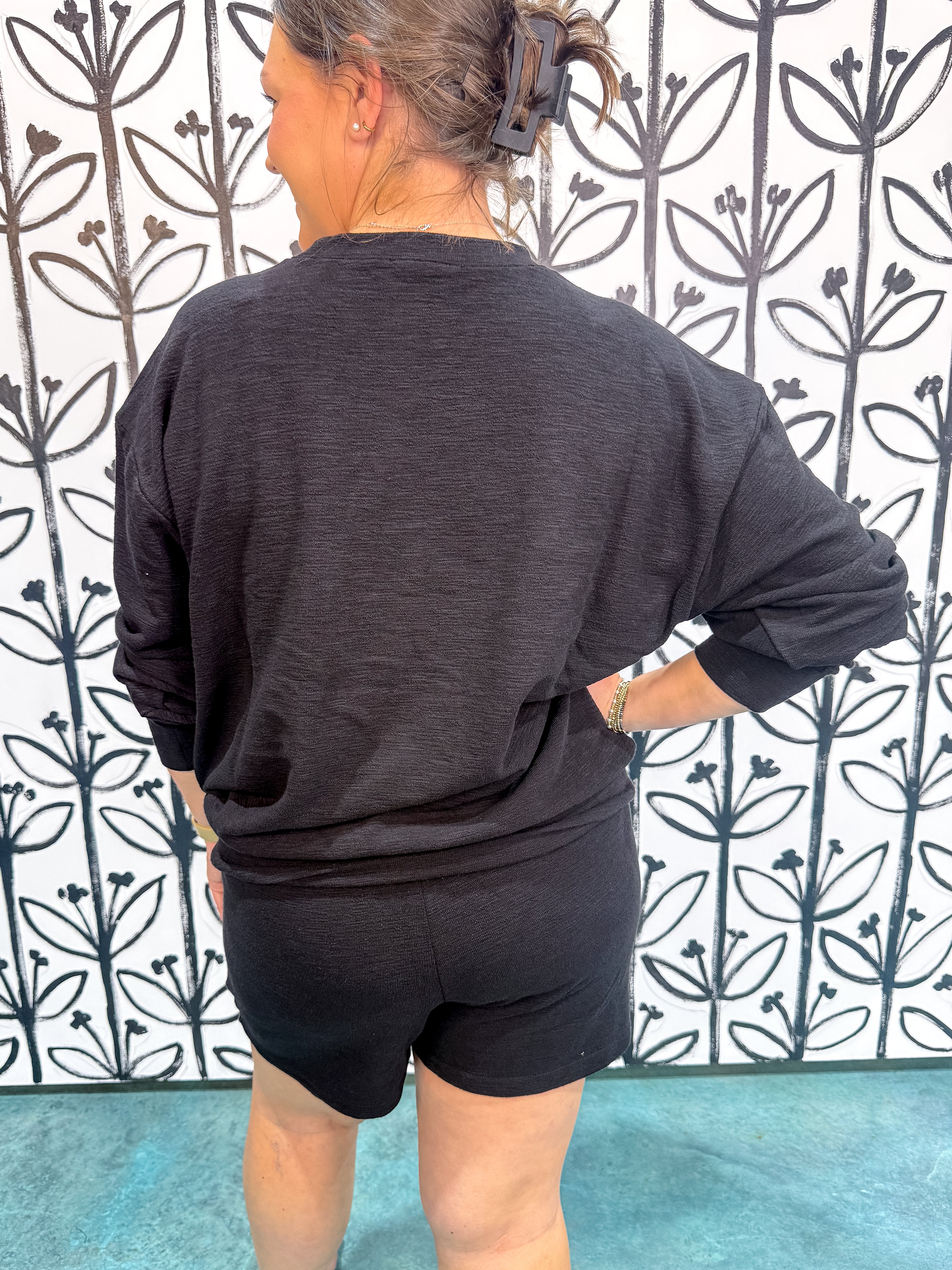 Slub Pullover & Shorts Set - Black