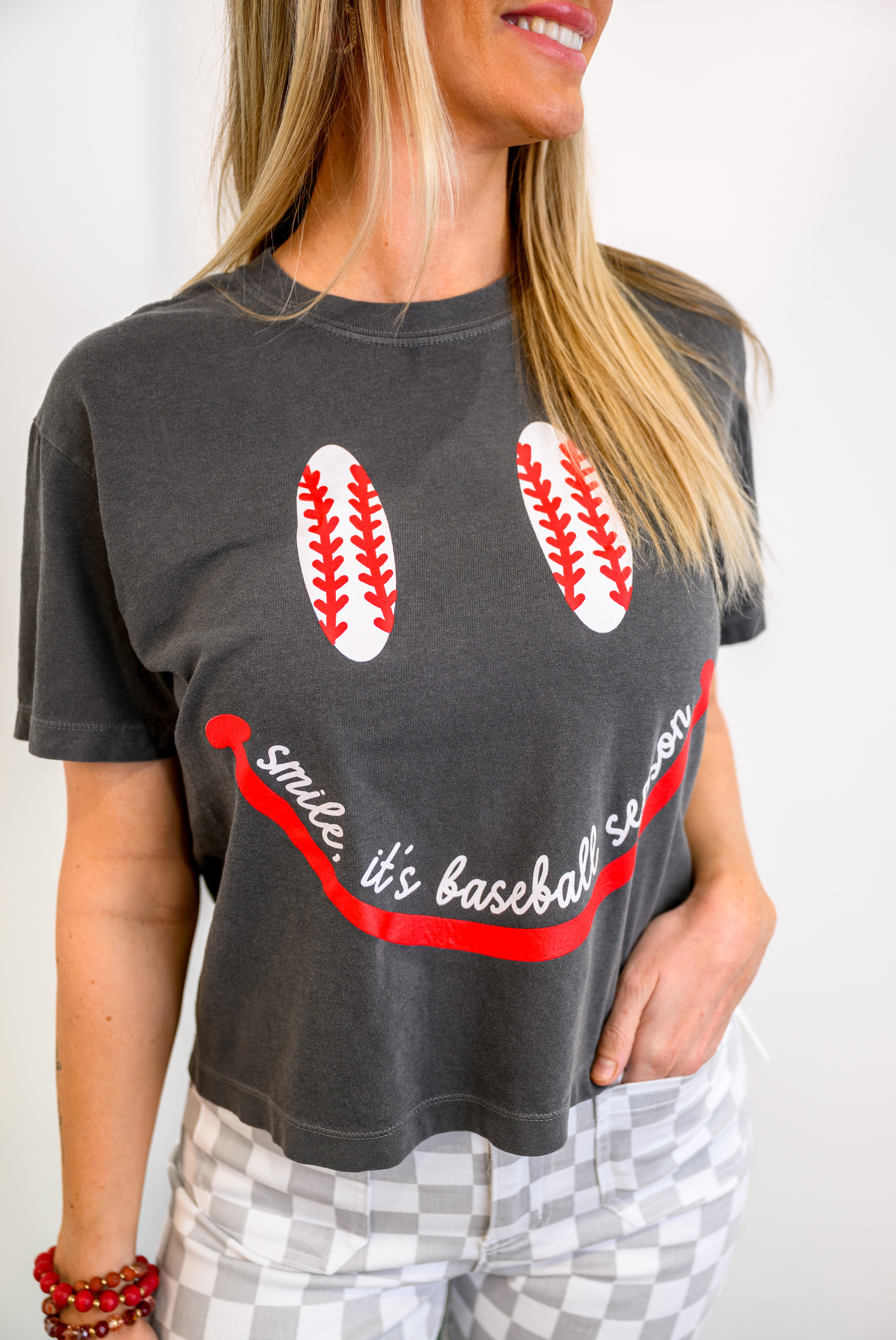 Smile It's Baseball Season Cropped Tee