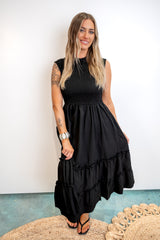Smocked Waist Tiered Ruffle Maxi Dress - Black