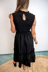 Smocked Waist Tiered Ruffle Maxi Dress - Black