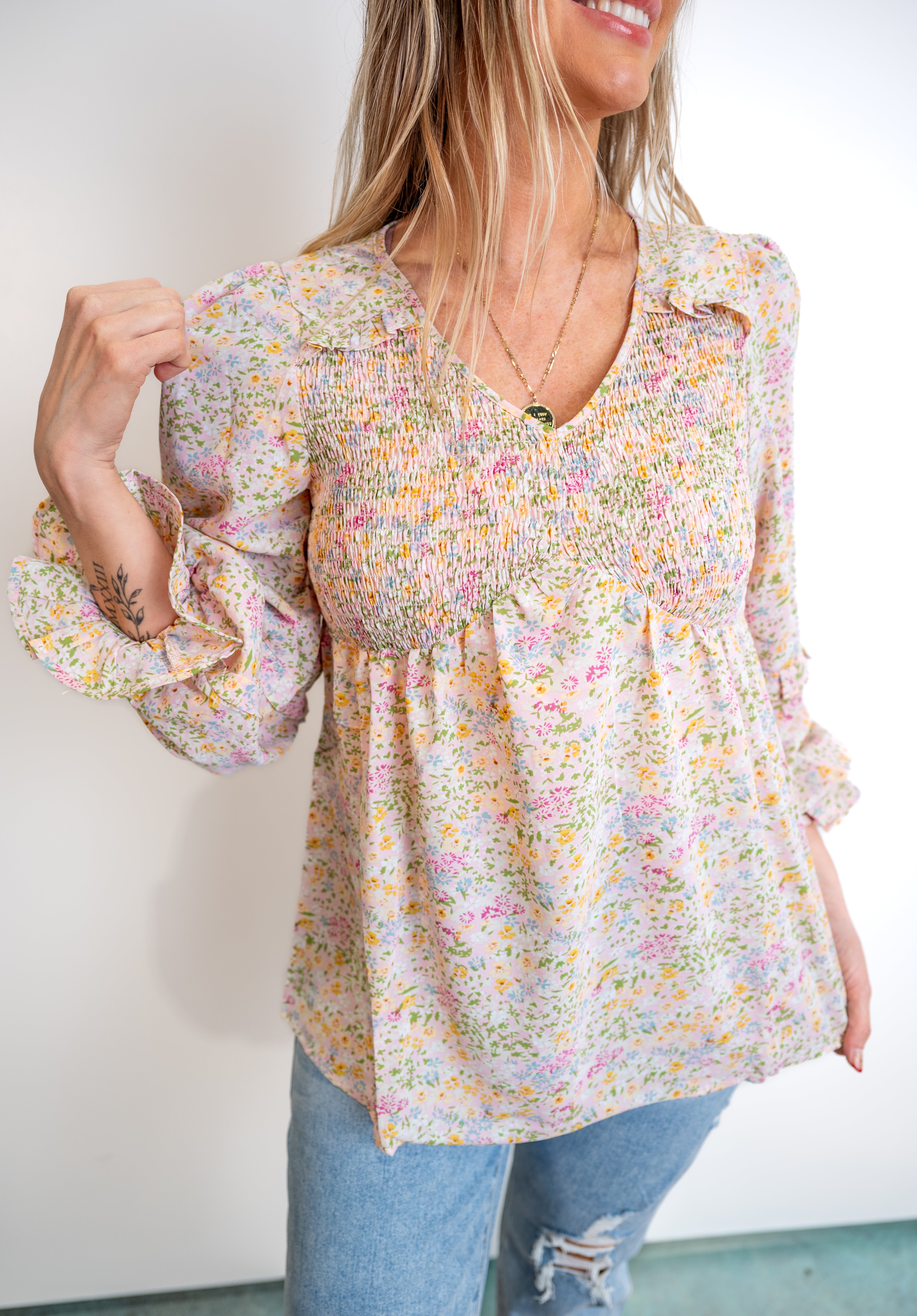 Smocked Yoke Floral Ruffle Blouse