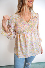 Smocked Yoke Floral Ruffle Blouse