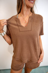 Split-Neck Short-Sleeve Terry Knit Top - Mocha