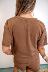 Split-Neck Short-Sleeve Terry Knit Top - Mocha