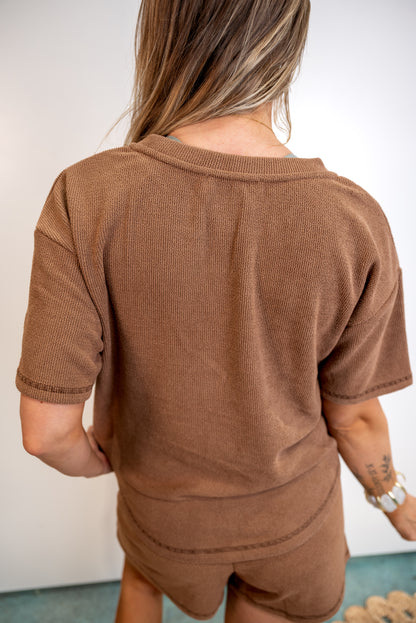 Split-Neck Short-Sleeve Terry Knit Top - Mocha