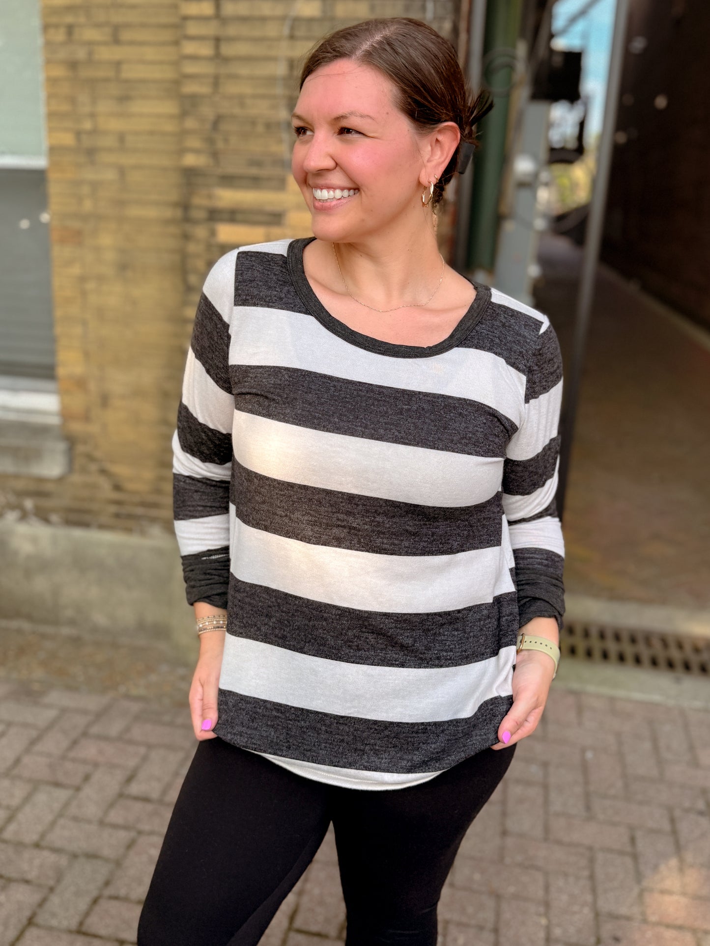 Stripe Print Brushed Top, Thumb Cuffs - DOORBUSTER