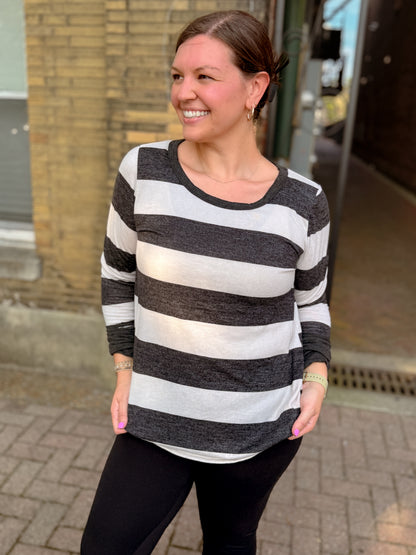 Stripe Print Brushed Top, Thumb Cuffs - DOORBUSTER