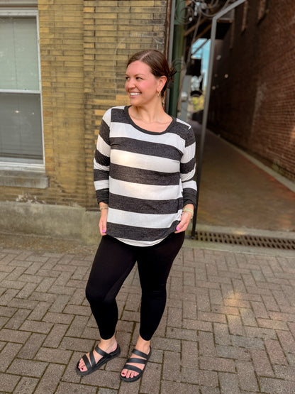 Stripe Print Brushed Top, Thumb Cuffs - DOORBUSTER