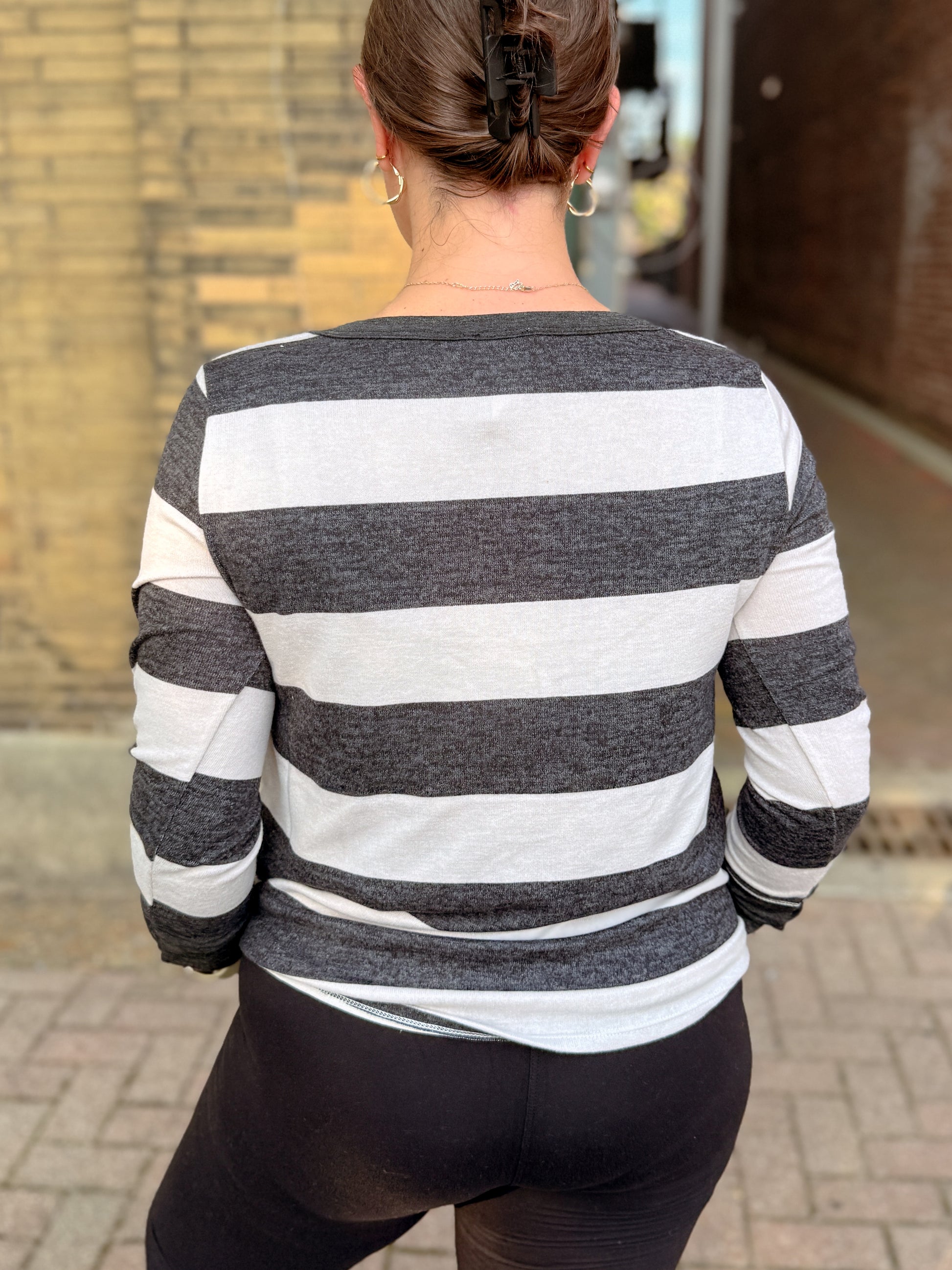 Stripe Print Brushed Top, Thumb Cuffs - DOORBUSTER