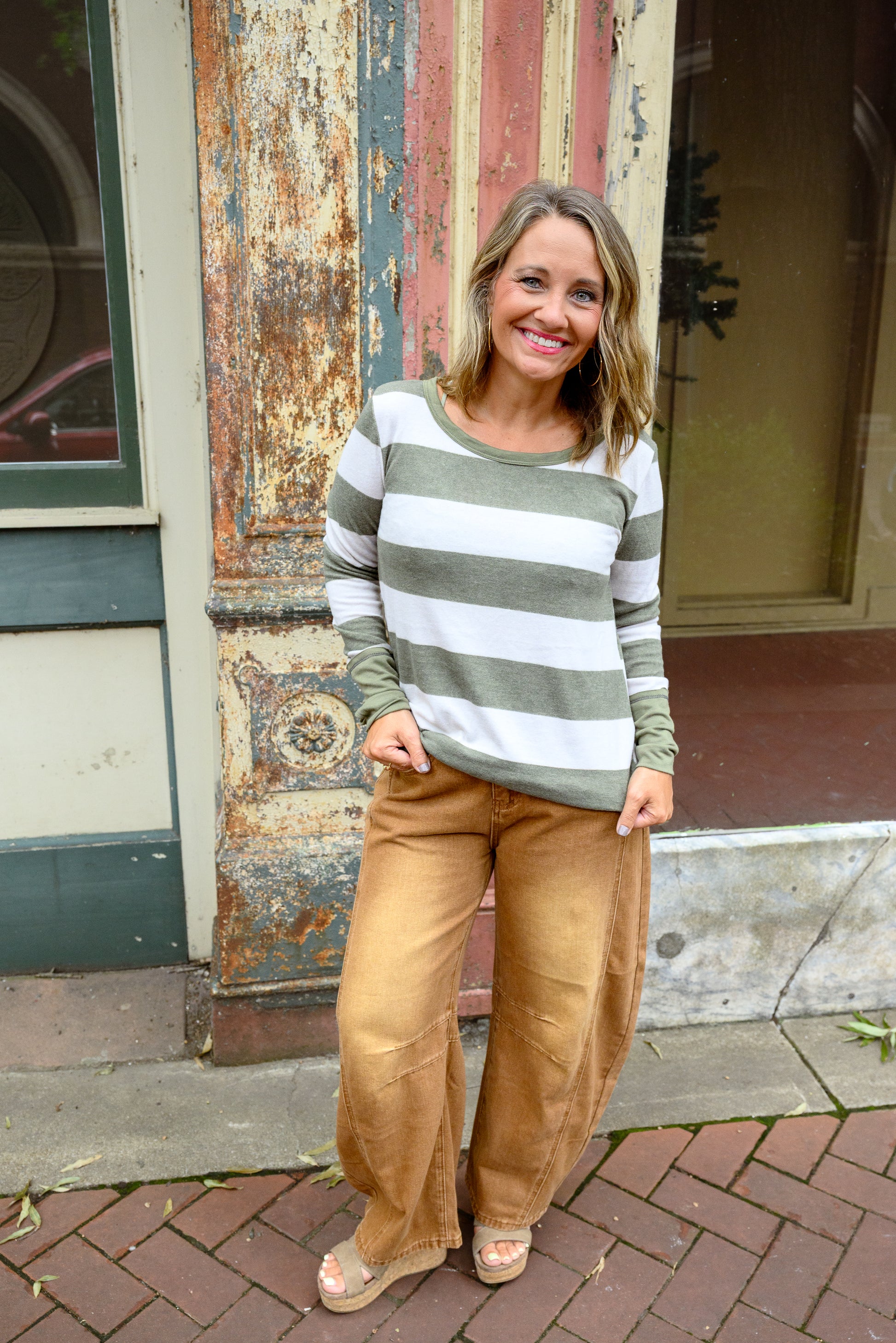 Stripe Print Brushed Top, Thumb Cuffs - DOORBUSTER