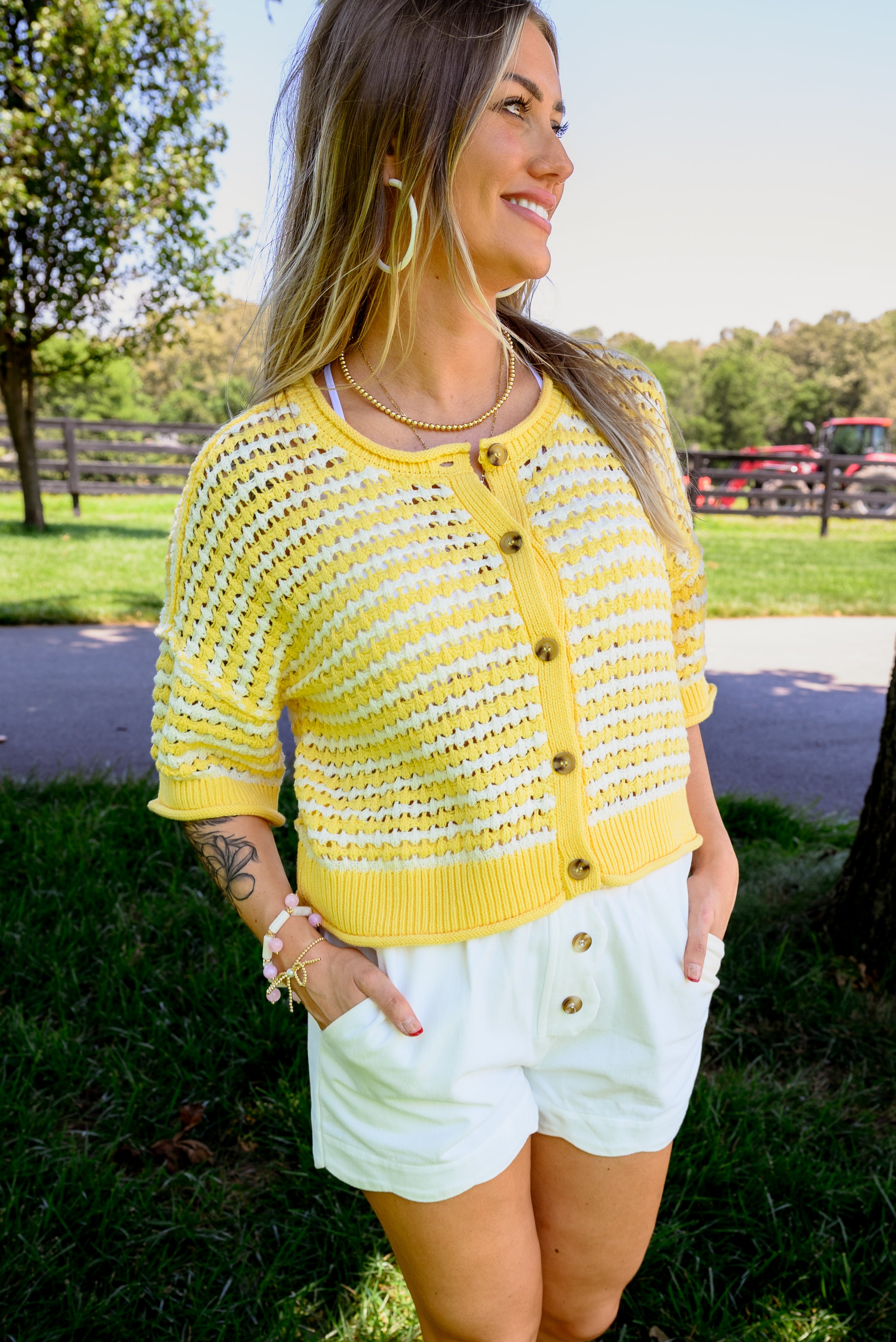 Striped Open Crochet Knit Cardigan
