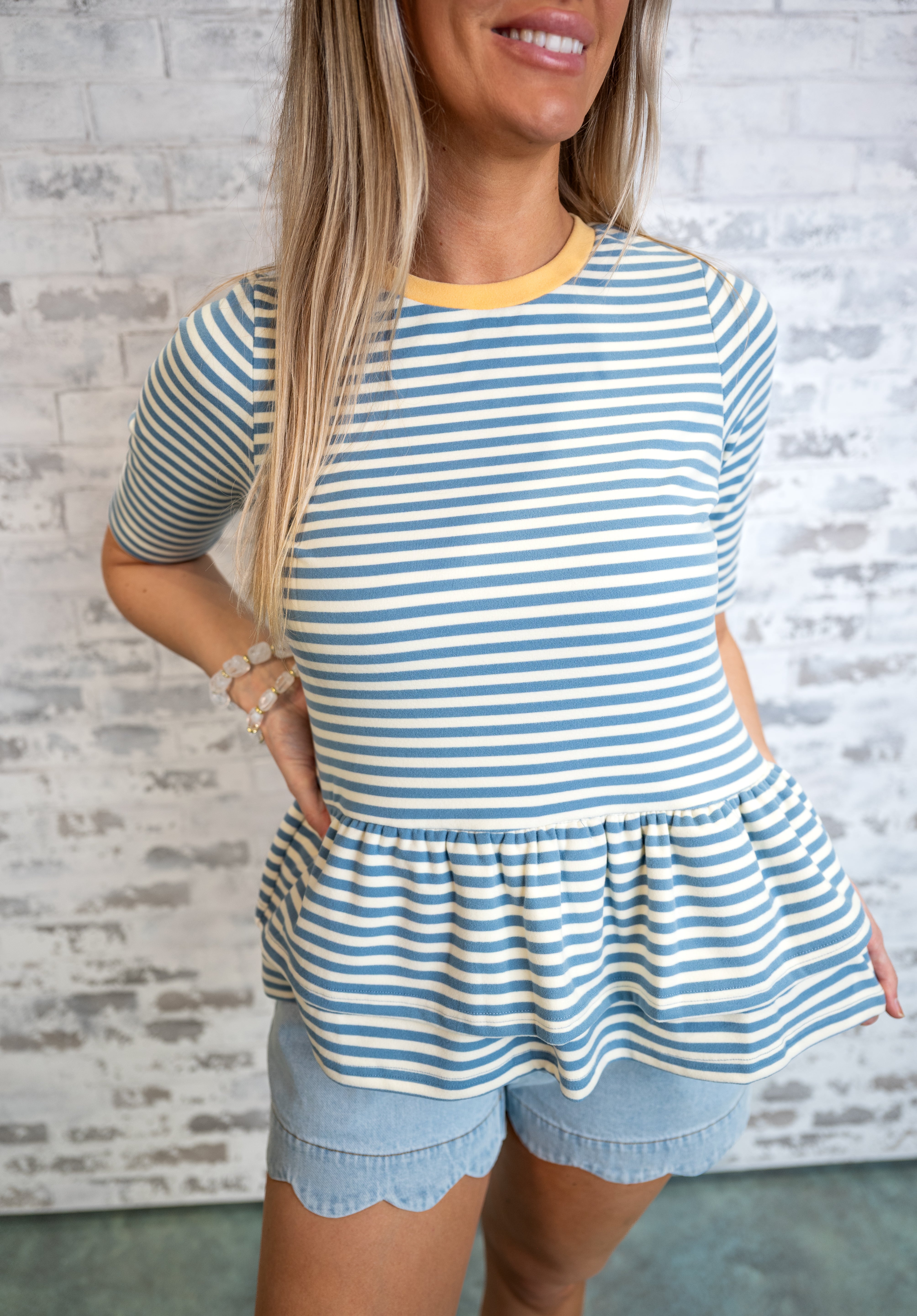Striped Peplum Knit Top - Ivory