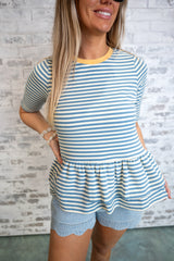 Striped Peplum Knit Top - Ivory