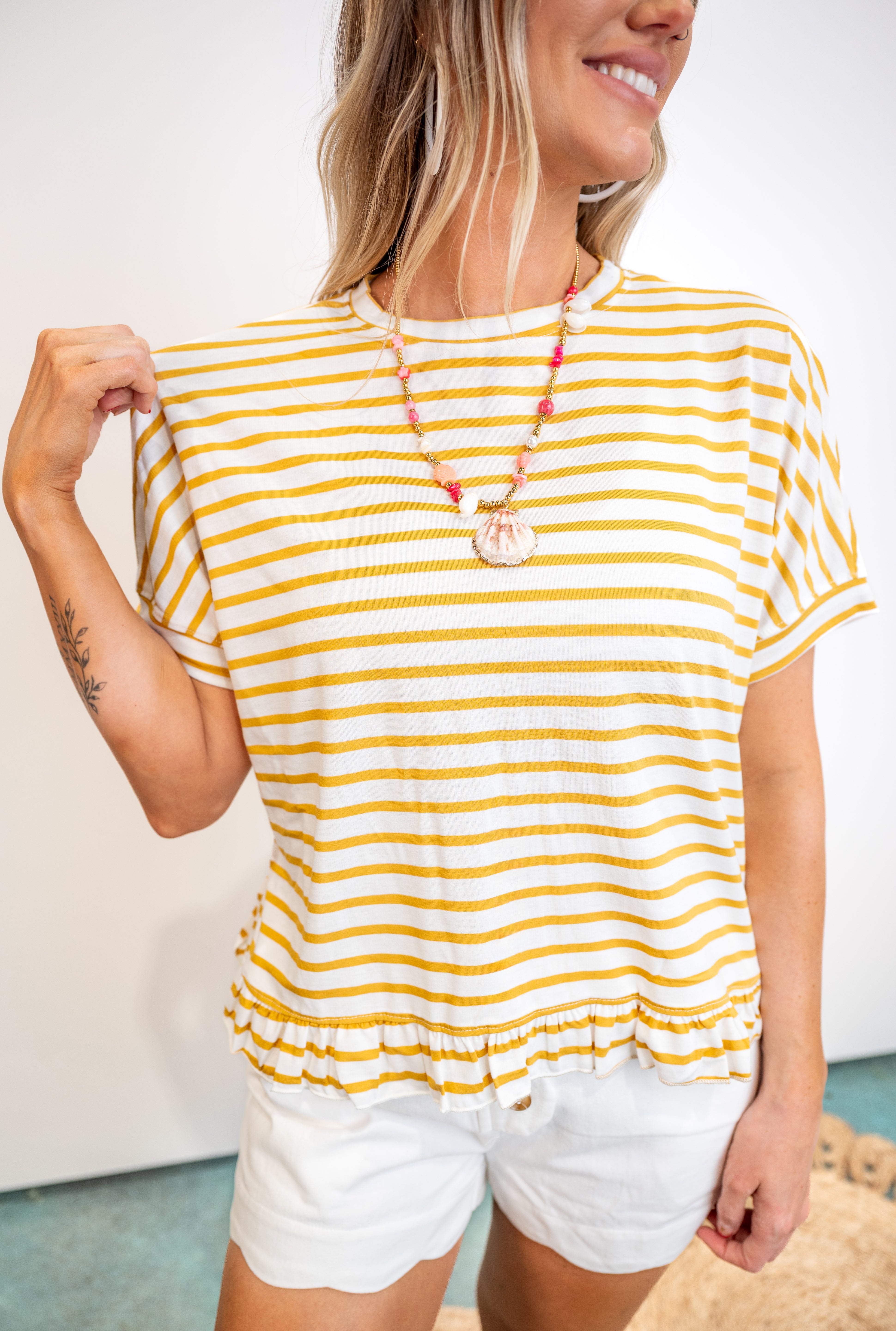 Striped Ruffle Hem Short Sleeve Top