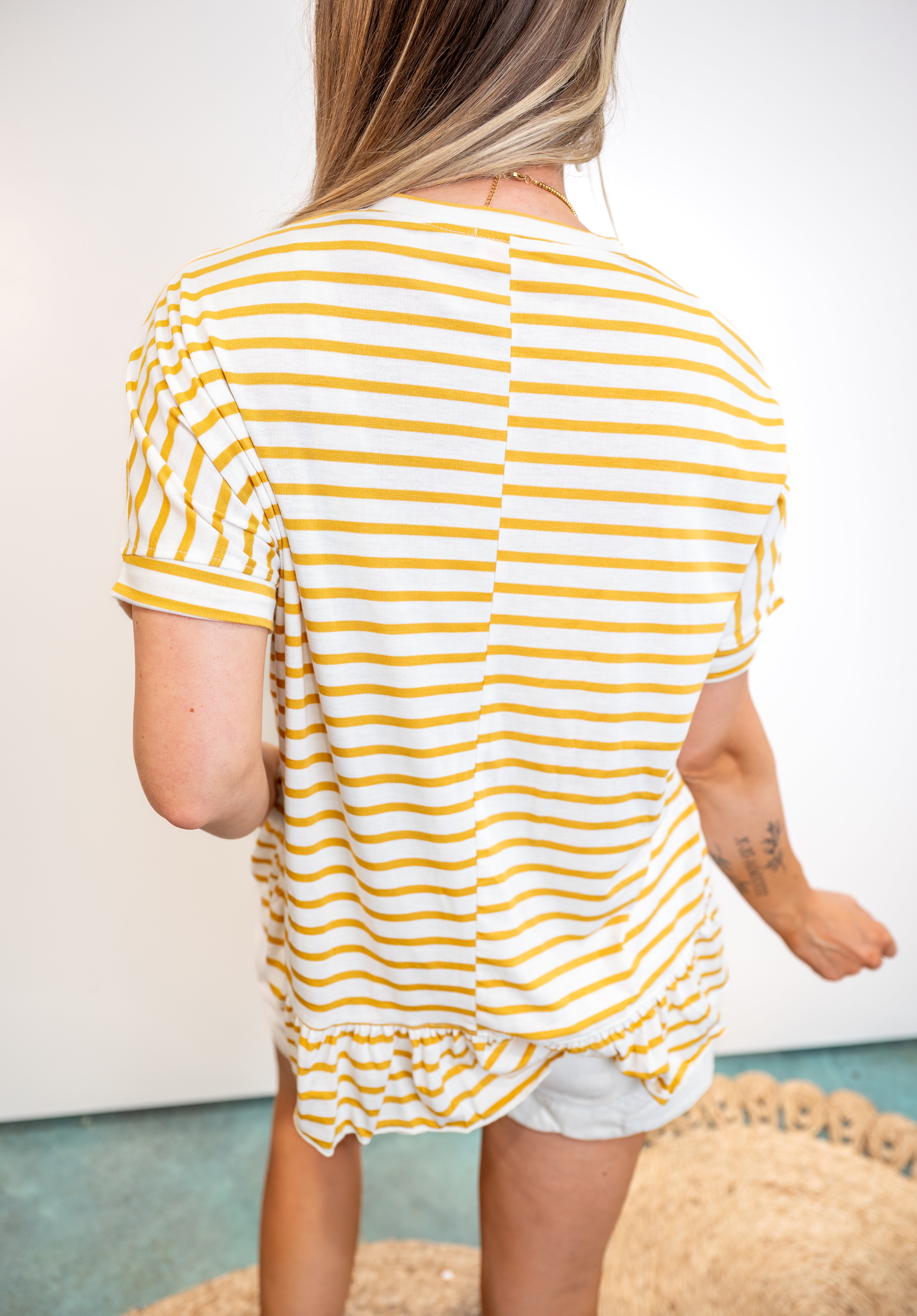 Striped Ruffle Hem Short Sleeve Top