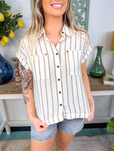 Striped Snap Button Collared Woven Top FINAL SALE