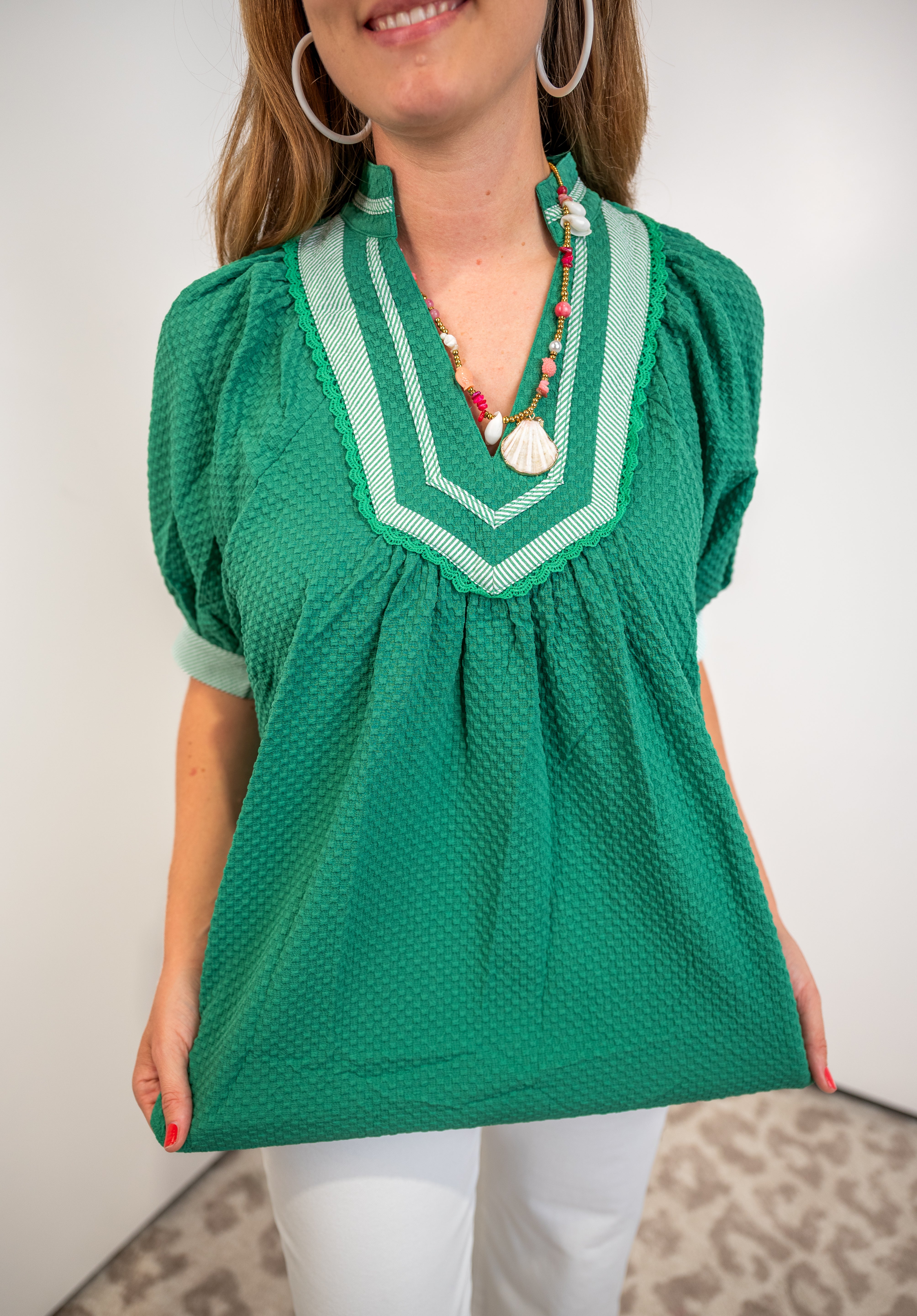 Structured Charm Jacquard Top - Kelly Green