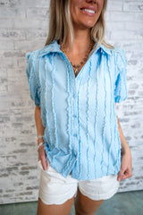 Textured Fringe Trim Puff Sleeve Blouse - Blue