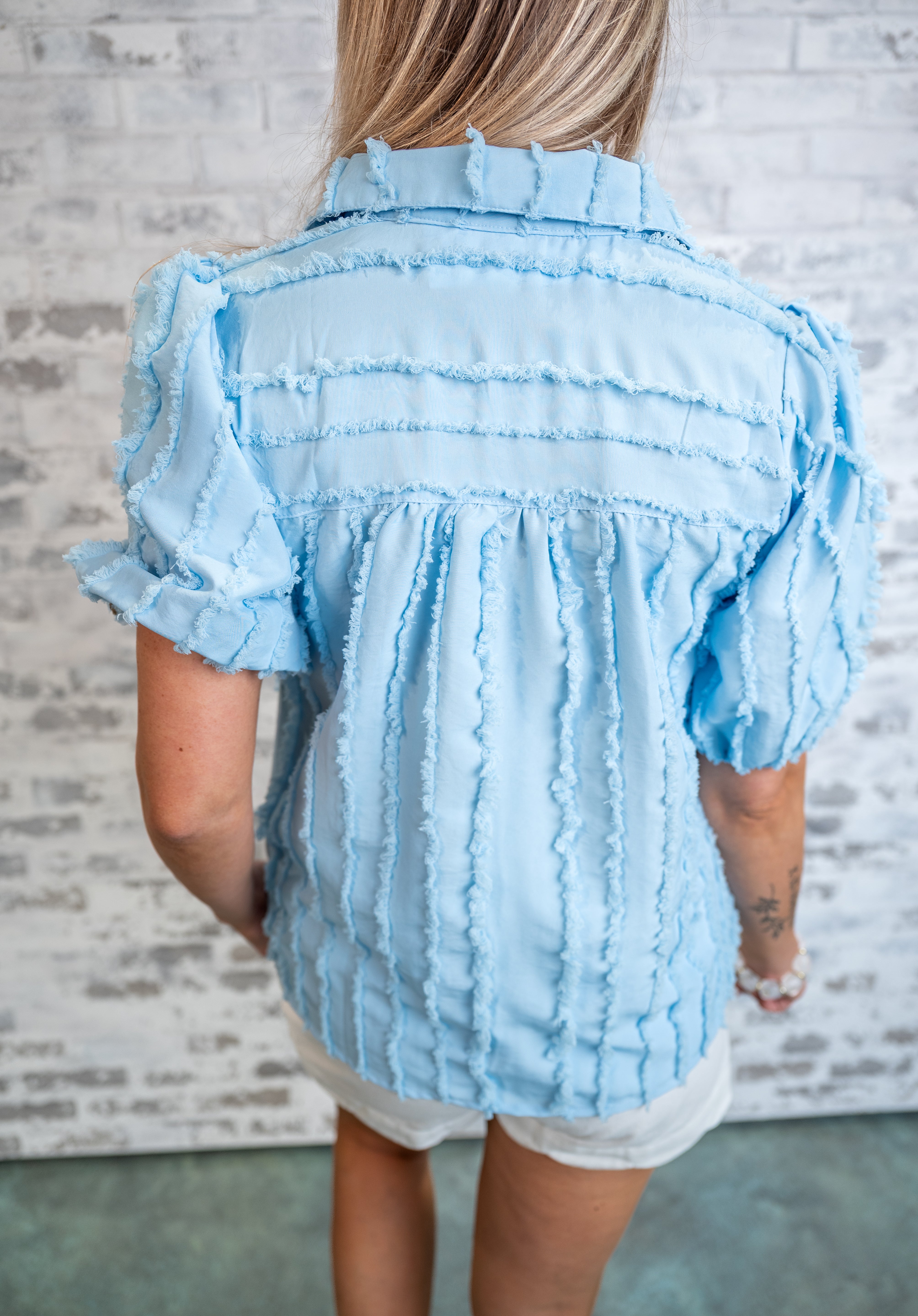 Textured Fringe Trim Puff Sleeve Blouse - Blue