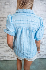 Textured Fringe Trim Puff Sleeve Blouse - Blue