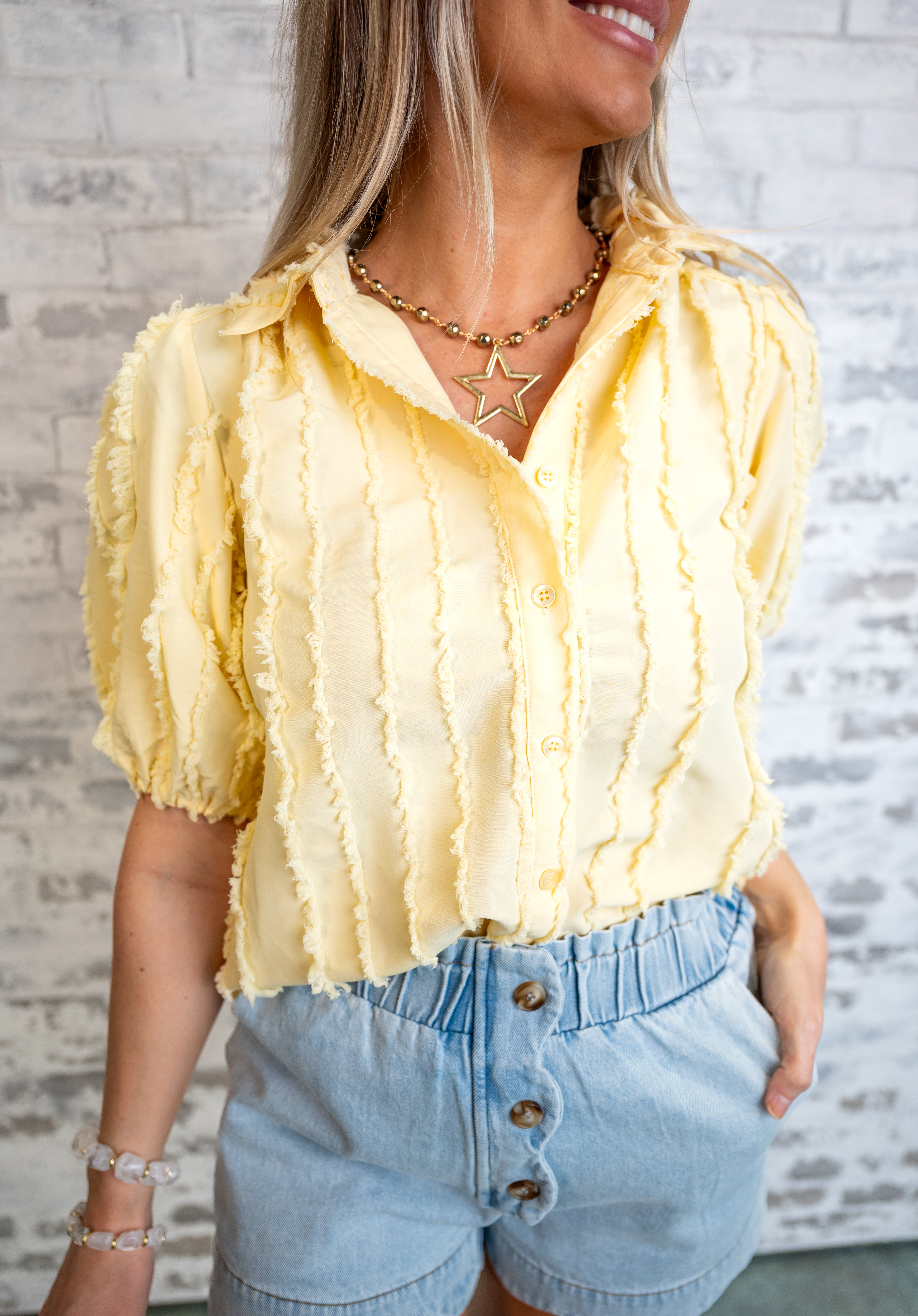 Textured Fringe Trim Puff Sleeve Blouse - Yellow