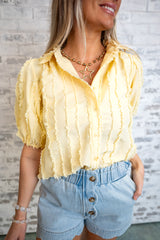 Textured Fringe Trim Puff Sleeve Blouse - Yellow