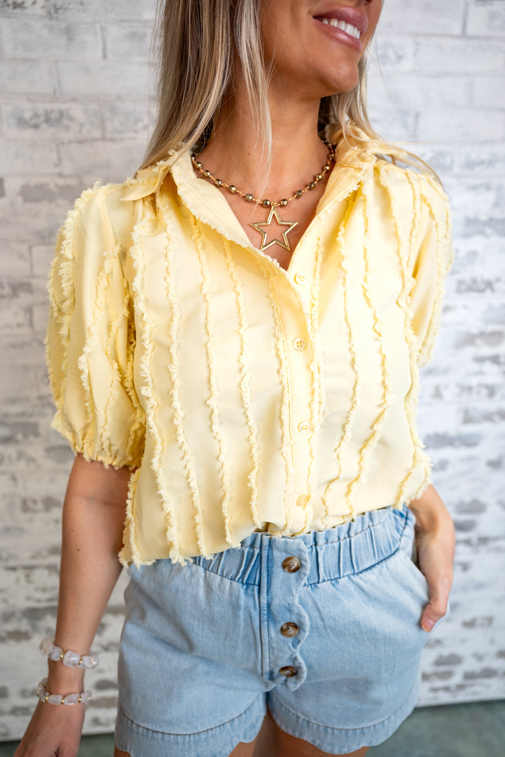 Textured Fringe Trim Puff Sleeve Blouse - Yellow Final Sale