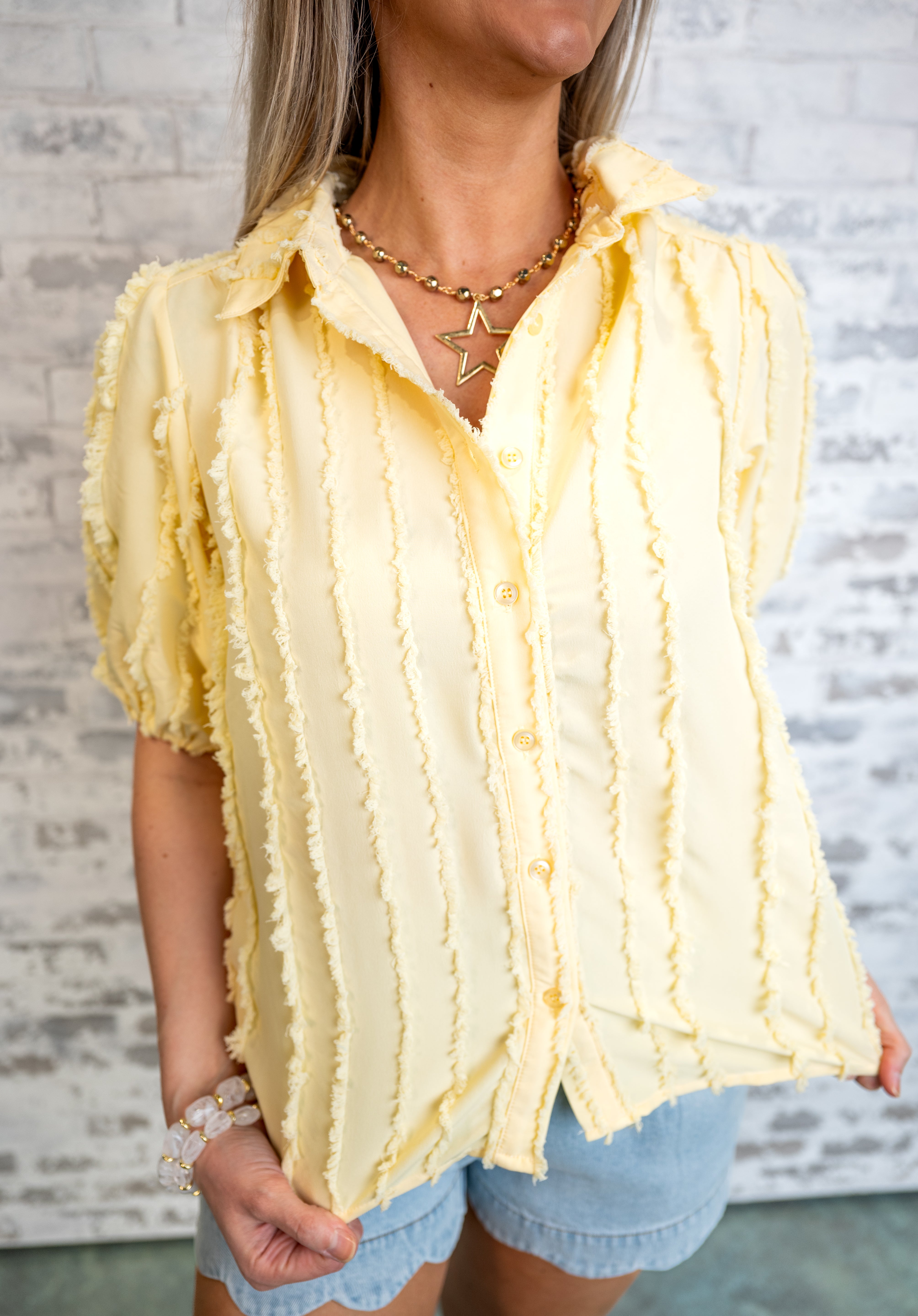 Textured Fringe Trim Puff Sleeve Blouse - Yellow