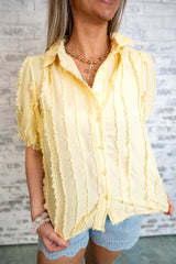 Textured Fringe Trim Puff Sleeve Blouse - Yellow