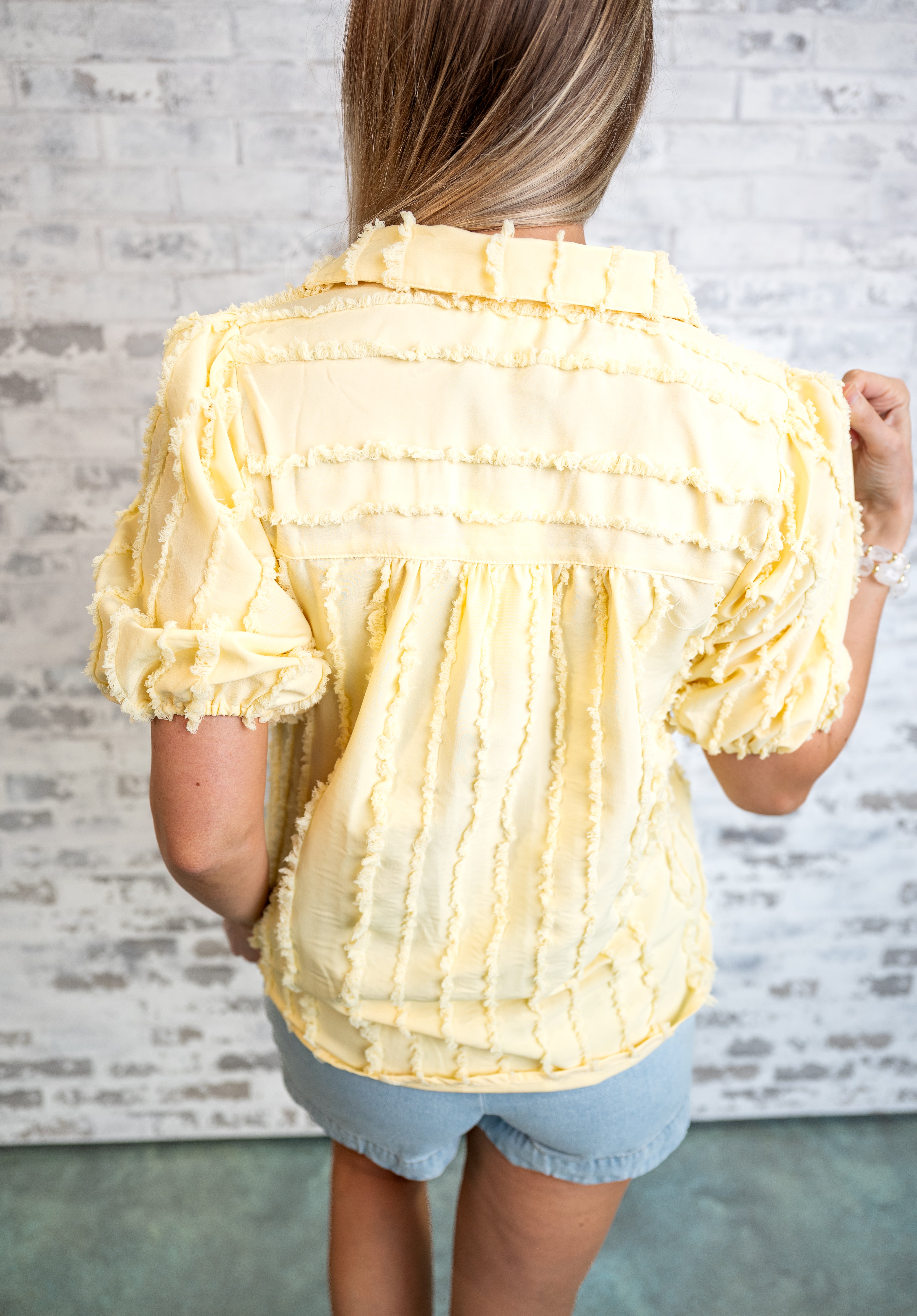 Textured Fringe Trim Puff Sleeve Blouse - Yellow