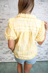 Textured Fringe Trim Puff Sleeve Blouse - Yellow