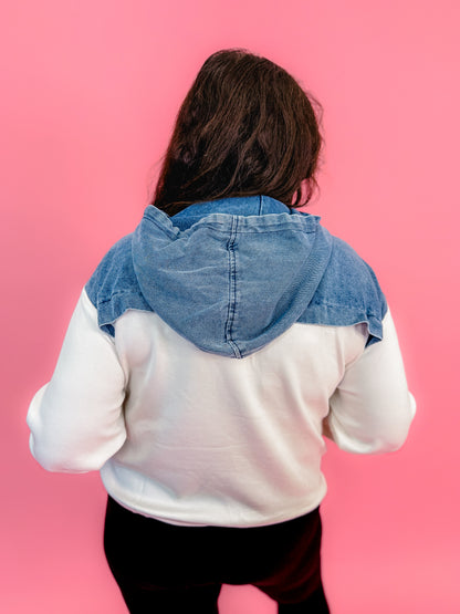 Trendy Splice Color Block Washed Denim Hoodie